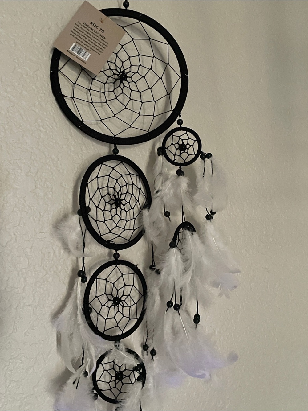 📦 Black Dreamcatcher Wall Hanging White Feathers 4-Ring Boho Decor 29” NWT”